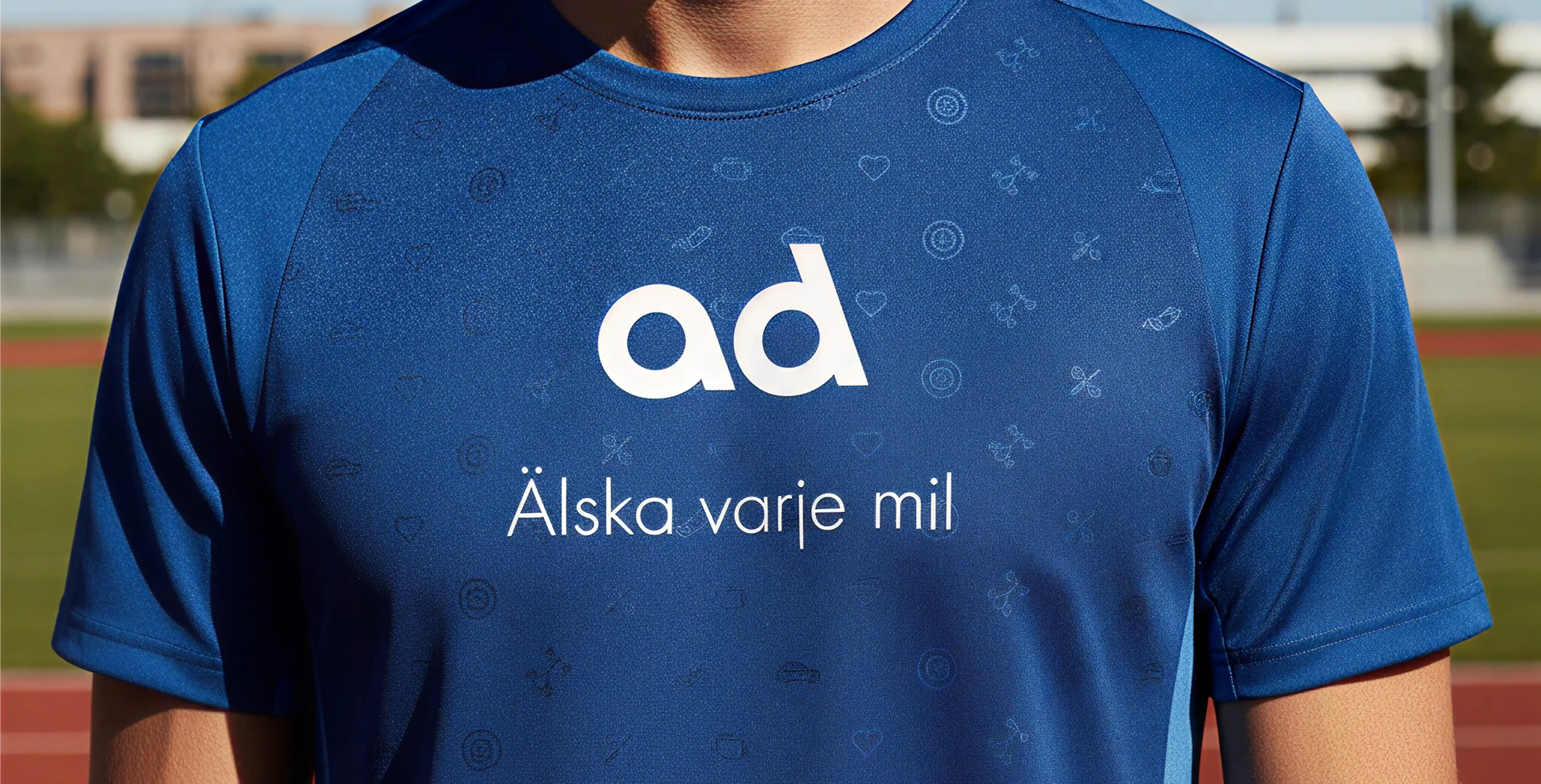 Bl&aring; tr&auml;ningstr&ouml;ja med "ad"-logotypen och tagline "&Auml;lska varje mil."